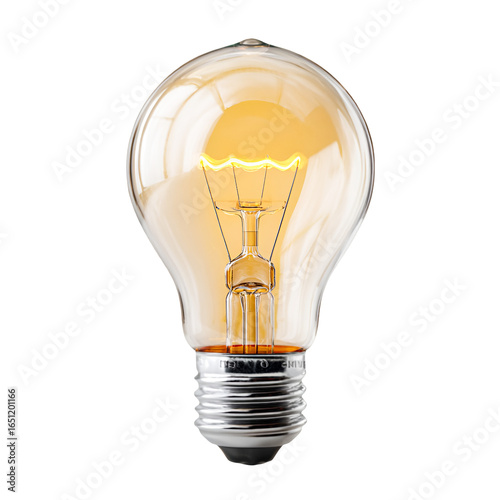 Classic incandescent light bulb with warm glowing filament isolated on transparent background