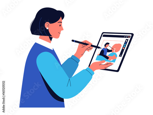 Digital artistry and creation: A woman in deep focus, engrossed in a tablet's world, meticulously crafting art with a stylus. The digital world is at her fingertips. 