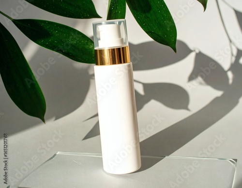 Wallpaper Mural Elegant White Bottle with Gold Accents and Green Leaves in Natural Light Torontodigital.ca