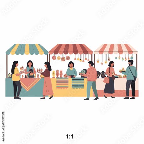 Flat vector illustration of a vibrant outdoor street market with people shopping at colorful stalls.