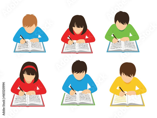 Education Focus: A collective image showcasing students intently focused on their studies, each engrossed in the art of writing, captured with vibrant and uniform aesthetic.