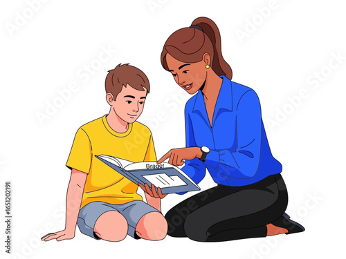 Teacher Guiding Student: A teacher guides a young student through a learning activity, highlighting the nurturing environment and the importance of mentorship in educational growth.