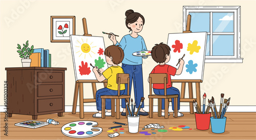 Female teacher instructing young boys painting in art studio