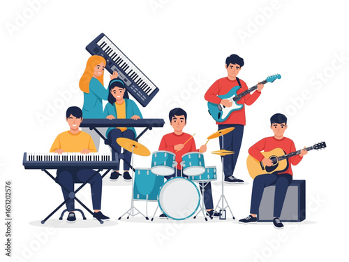 Musical Collective: A harmonious ensemble of diverse individuals, each engrossed in their respective instruments, composes a symphony of rhythm and melody in a vibrant illustration of musical unity.