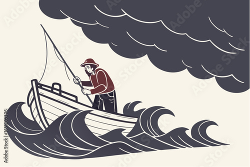 Fisherman ignoring storm clouds at sea, modern flat illustration style