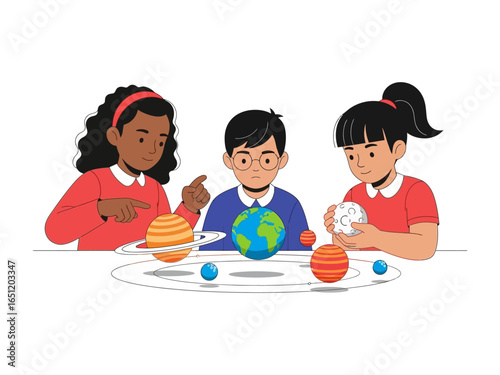 Young Explorers of the Cosmos: A group of diverse children marvel at a miniature solar system, exploring the wonders of the universe.