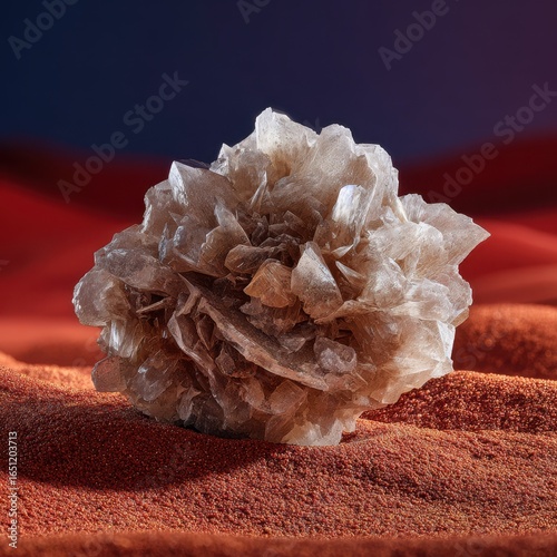 Desert rose crystal on red sand, mineral formation, dramatic blue background, science