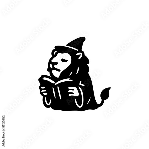 Black and white illustration of a lion wearing a wizard's hat, holding a book