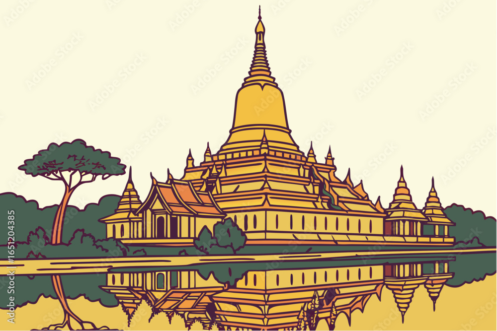 Obraz premium Golden temples of Thailand reflecting in still evening waters