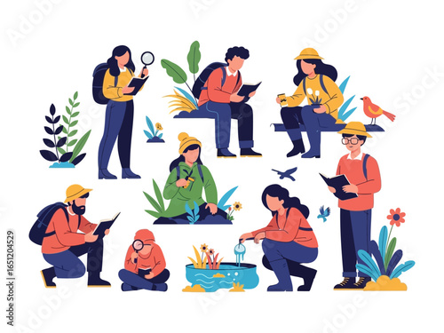 Exploring Nature: A diverse group of explorers, immersed in the wonders of nature, meticulously documents their observations through the lens of meticulous observation.