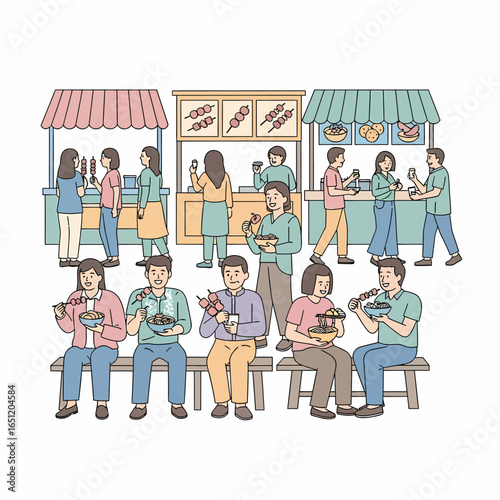Happy cartoon people enjoying street food eating noodles and skewers at an outdoor market festival.
