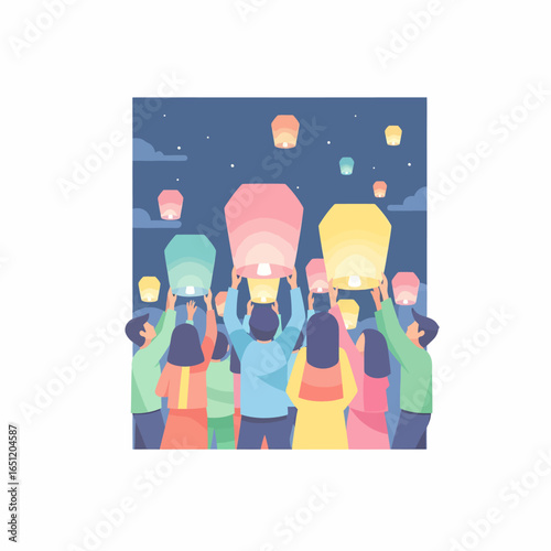 Flat vector illustration of a crowd of people seen from behind releasing colorful glowing paper sky lanterns.