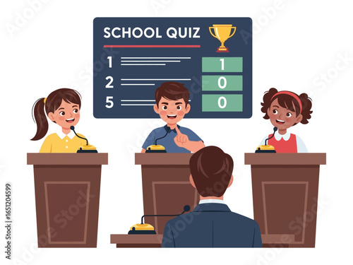 School Quiz: A vibrant illustration capturing the spirit of a school quiz, featuring participants in a competitive challenge, with a scoreboard displaying scores.