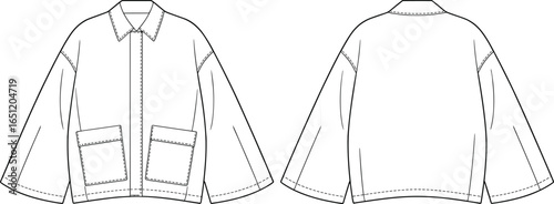 Front and back view long sleeve jacket CAD drawing flat vector illustration, collar, zipper closure, large front pockets, women’s fashion outerwear garment technical template