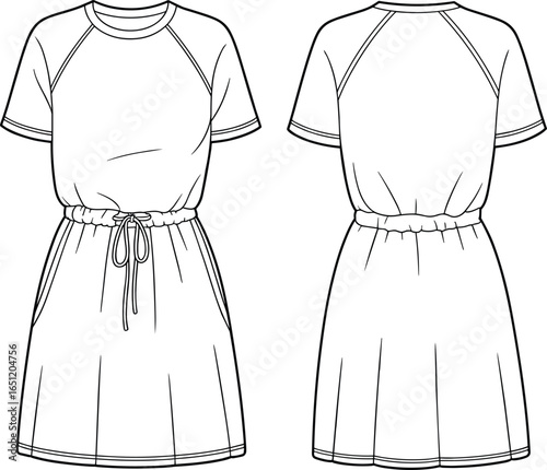 Front and back view short sleeve dress CAD drawing flat vector illustration, round neckline, elastic waistband, drawstring tie, flared skirt, side pockets, garment technical template