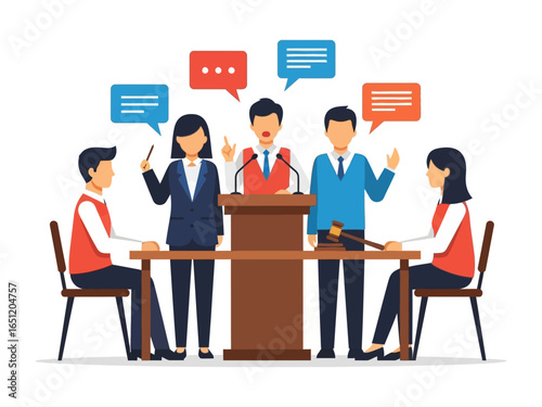 Debate Discourse: A vibrant graphic illustrates a panel discussion, highlighting the dynamics of dialogue and the exchange of ideas.