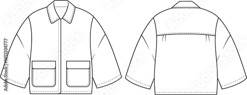 Front and back view collared jacket CAD drawing flat vector illustration, flap pockets, upper back pleats, stitching details, fashion garment technical template for production