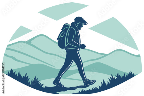 Hiking through the Scottish Highlands with misty hills, modern flat illustration style