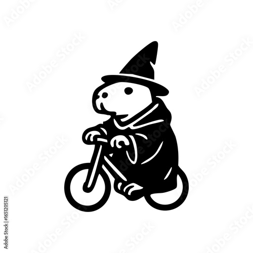 A cartoon-style, black and white illustration of a rodent wearing a witch's hat and robe, riding a tricycle