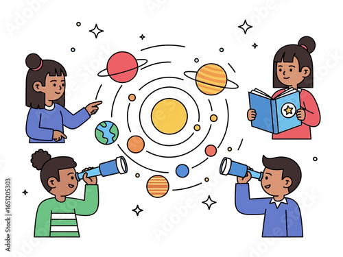 Astronomy Adventure: Young students immersed in the marvels of the cosmos, pointing at celestial bodies, reading a book, and using telescopes for exploration.