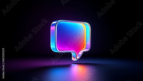 A glowing iridescent glass speech bubble with vibrant rainbow colors and a soft ethereal glow against a dark background symbolizing communication and ideas