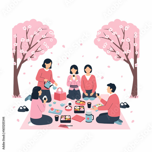 Vector illustration of a Japanese family and friends having a hanami picnic under sakura trees.