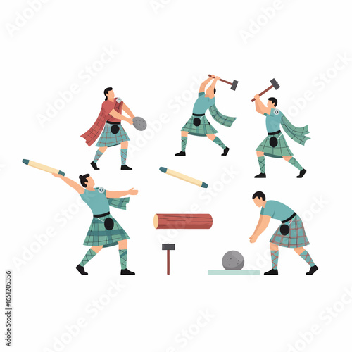 Scottish Highland Games Athletes in Traditional Kilts Performing Various Events.