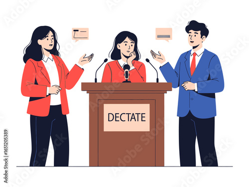 Debate Discourse: Illustrative vector graphic of a formal debate with two speakers, capturing the essence of dynamic discussion, the moderator, and the exchange of ideas.