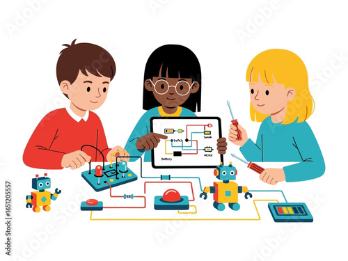 Creative Robotics and Coding: A group of diverse children are collaboratively engaged in a creative robotics and coding project.