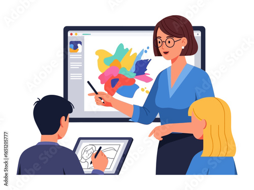 Artistic Classroom : Inside a vibrant art class, a teacher is leading a class with vibrant art inspiration, creating art together and sharing inspiration.