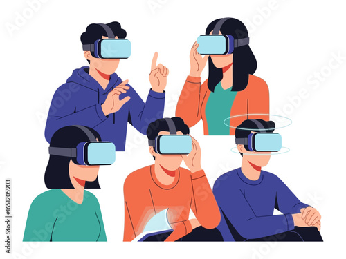 Immersive VR Experience: Group of people immersed in the virtual reality world, wearing VR headsets, enjoying a futuristic and interactive environment.