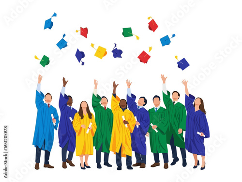 Graduation Celebration: A group of recent graduates, clad in colorful gowns and mortarboards, jubilantly toss their caps into the air, signifying the commencement of a new chapter.