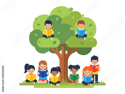 Kids Reading in the Tree: A captivating illustration depicts a group of children, each engrossed in a book, gathered around and within the branches of a tree. The scene exudes a sense of serenity.