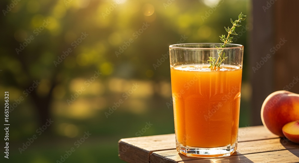 A refreshing glass of sun-kissed peach & thyme nectar on a rustic wooden table. Fresh peach sits beside the glass in a beautiful garden during a warm golden hour sunset. A refreshing glass of sun-kissed peach & thyme nectar on a rustic wooden table. Fresh peach sits beside the glass in a beautiful garden during a warm golden hour sunset.