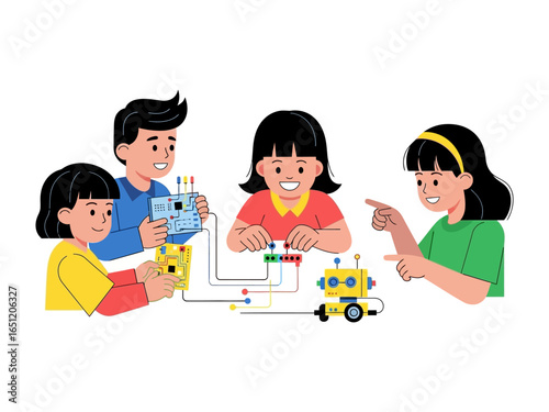 Young Engineers Experimenting: A group of children, engrossed in a hands-on robotics project, collaborating to assemble and experiment with an electronic circuit.
