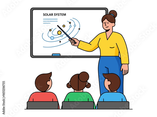 Celestial Classroom: An animated teacher, animated pointing to the planets with pointer teaching in classroom with her students