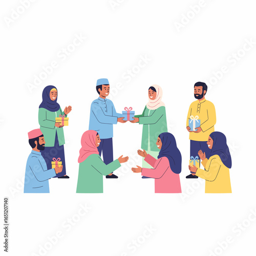 Muslim People Exchanging Gifts Smiling Wearing Traditional Attire Celebrating Eid Flat Vector.
