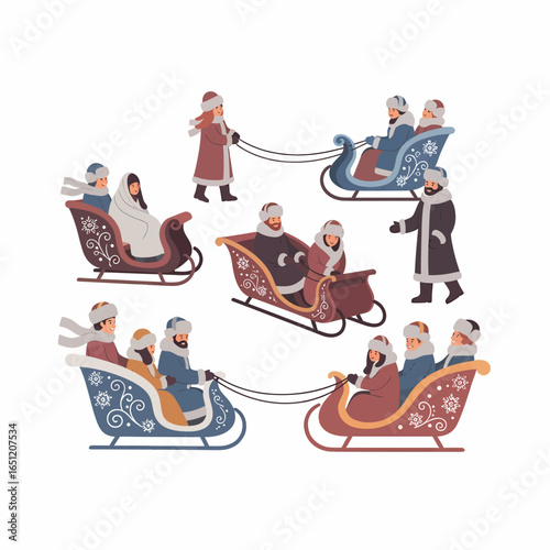 A collection of illustrated people in traditional winter clothing and fur hats riding ornate sleighs.