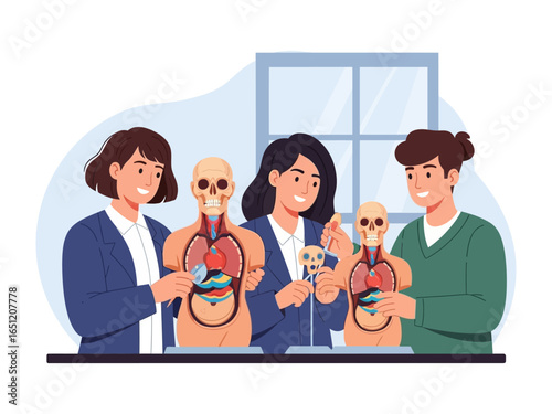 Medical Study: Students engaged in a detailed study of human anatomy, focusing on the intricate systems of the human body and scientific method in a bright classroom setting.