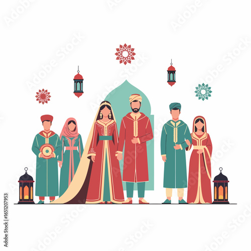 Group of People in Traditional Middle Eastern Clothing and Lanterns.