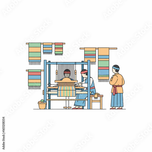 Traditional Weavers Operating a Loom Colorful Textiles.