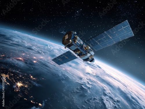 Sleek High-Tech Artificial Satellite Orbiting Earth Amid Twinkling Stars