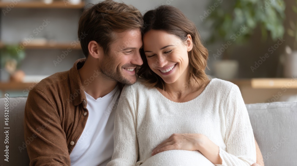 Fototapeta premium A happy couple shares a tender moment in their home, with the woman gently cradling her baby bump while they smile at each other. The atmosphere is warm and inviting