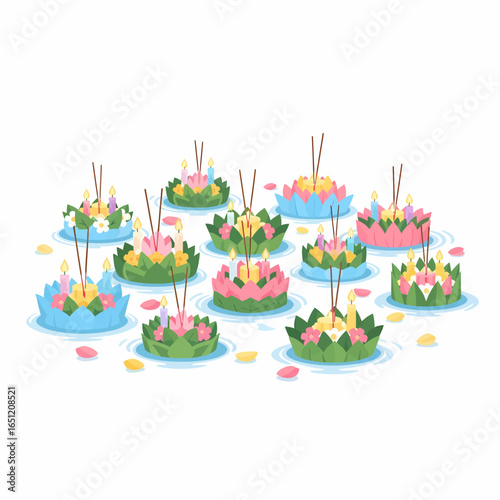 Vibrant cartoon illustration of many colorful Krathongs with flowers and lit candles floating on water for a Thai festival.