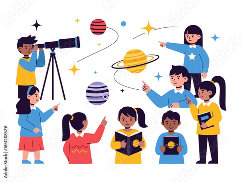 Astronomy Class: Young students, filled with curiosity, explore the wonders of space, planets, and stars.