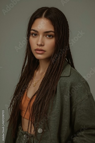 Nahes Porträt einer Frau mit feinen Zöpfen und grüner Jacke im weichen Studiolicht