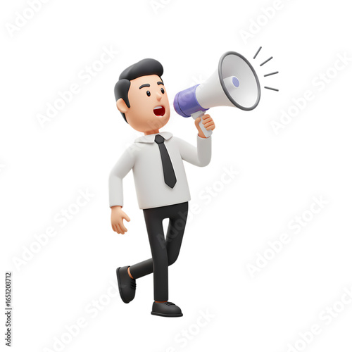 3D Cartoon Businessman Announcing Big News with Megaphone