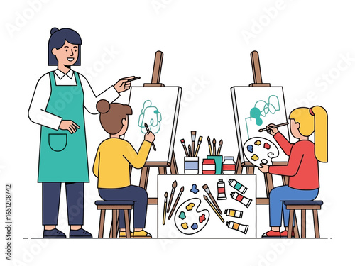 Art Class Creativity: A teacher guides two young students in an art class, fostering creativity and expression through painting, using paintbrushes, paints, and an easel.