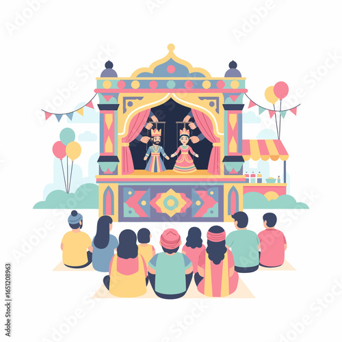 Wallpaper Mural Colorful Puppet Show Stage with King and Queen Puppets Performance. Torontodigital.ca