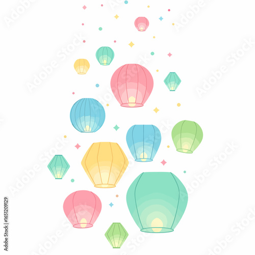 Whimsical floating arrangement of glowing pastel paper lanterns and sparkling lights.